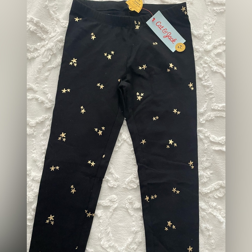 New Girls Cat & Jack Black Leggings with Gold Stars, Size Medium